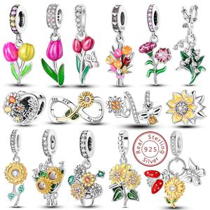 원래 매력 비즈 펜던트 925 스털링 실버 해바라기 튤립 장미 카네이션 꽃 비즈 맞는 팔찌 여성 쥬얼리 선물