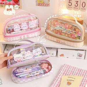 만화 대용량 투명 이중 레이어만화 larr 필통, 휴대용 문구 정리함, 학교 사무실 필통