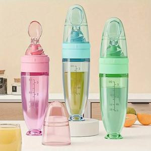 부드러운 숟가락, 흡입 컵 및 먼지 캡, 휴대용 짜기 먹이 병을 갖춘 새로운 90ml/3OZ 다채로운 실리콘 아기 병 피더