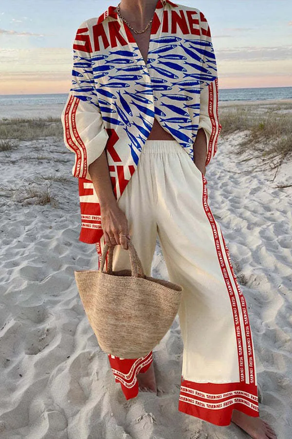 패션 Boho 인쇄 2 조각 세트 느슨한 옷깃 긴 소매 단추 셔츠 높은 허리 넓은 다리 바지 정장 봄 새로운 휴가 스타일