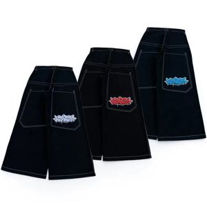 Y2k Baggy New Wexwear 줄무늬 검은 바지 수 놓은 청바지 streetwear 남성 하라주쿠 힙합 여성 하이 웨이스트 와이드 바지