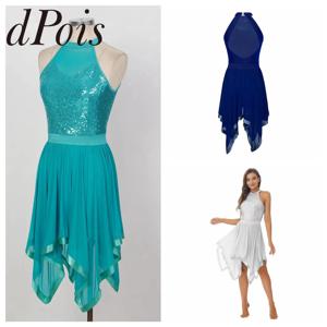 여자 서정적 댄스 의상 반짝 이는 스팽글 홀터 아이스 피겨 스케이팅 드레스 우아한 무대 쇼 파티 볼룸 발레 의류