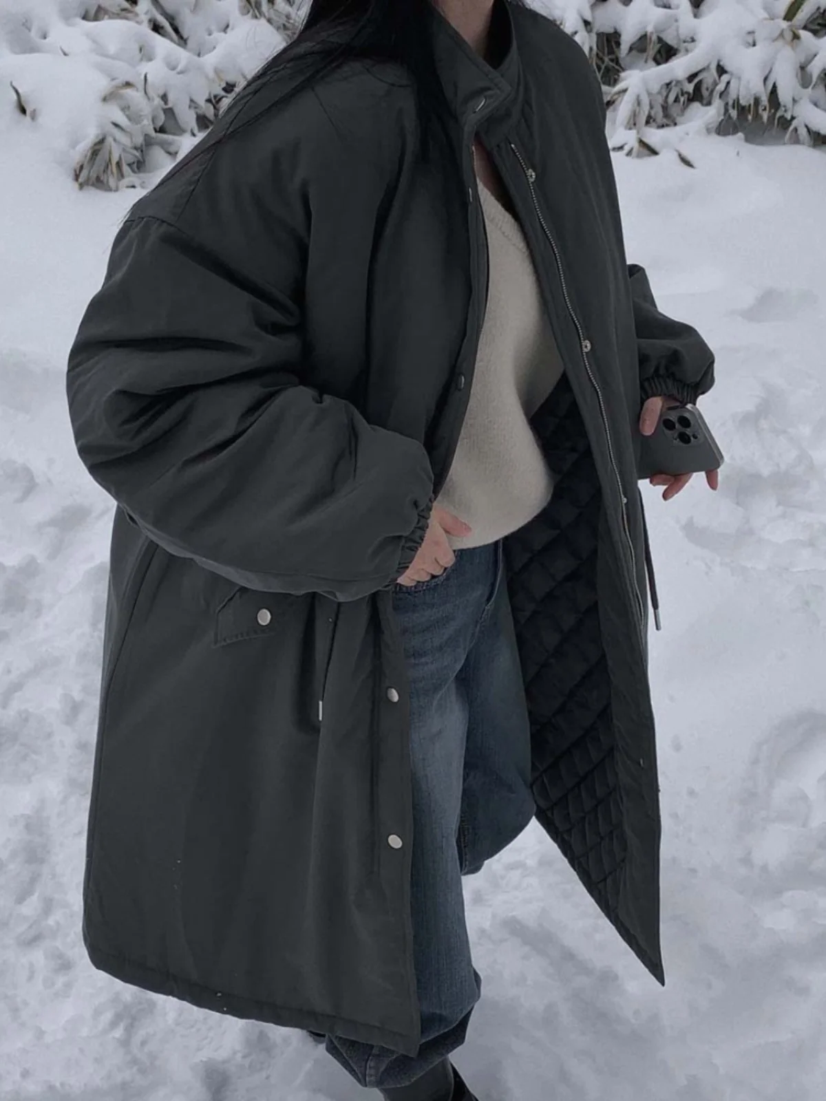 세련된 겨울 여성용 롱 코튼 자켓 코트 따뜻한 작업복 스타일 드로스트링 루즈핏 아우터 한국 스타일 통근 패션