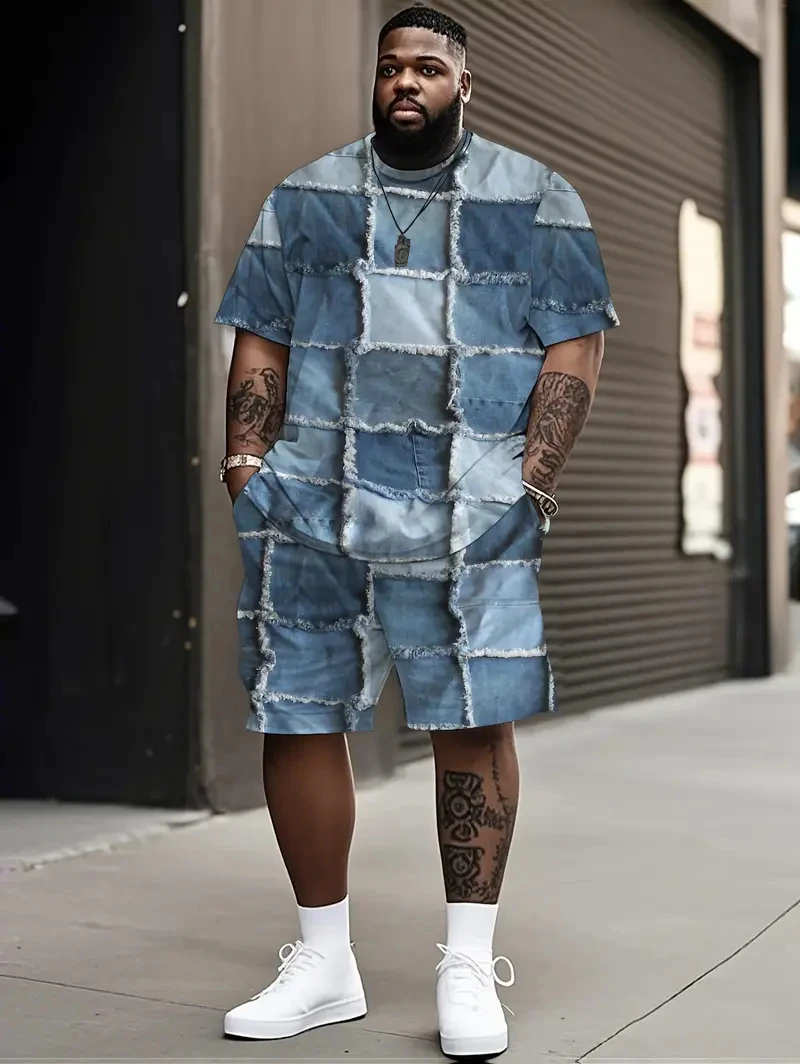 데님 그래픽 티셔츠 & 반바지 2종 세트 2025 플러스 사이즈 남성 의류 캐주얼 루즈 드로스트링 허리 반바지 반팔 상의