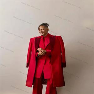 럭셔리 크리스탈 레드 남성 정장 세트 3종 오버코트+블레이저+바지 신랑 결혼식 턱시도 정장 오피스 코튼 프롬 재킷 코트