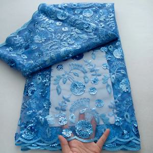 파란색 아프리카 메쉬 스팽글 레이스 원단 5야드 고품질 자수 나이지리아 프랑스 밀크 실크 레이스 원단 웨딩 드레스 재봉용