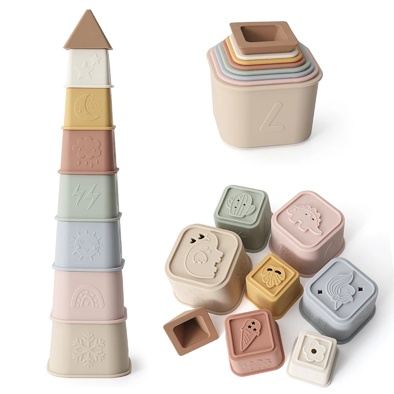 아기 실리콘 쌓기컵 8개 세트, 조기 교육용 아기 쌓기 블록, 실리콘 유아 쌓기 장난감