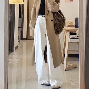 하이웨이스트 슬림핏 스트레이트 레그 진 여성용 비경량 화이트 데님 팬츠 내구성 있는 코튼 스트레치 원단 가을용