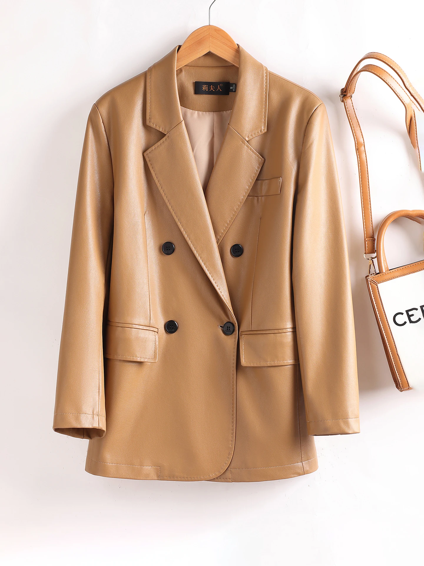 정품 양가죽 가죽 자켓 긴팔 버튼 장식 통근 스타일 루즈핏 럭셔리 캐주얼 슬리밍 아우터웨어