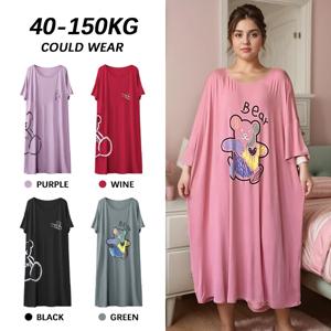 여성용 플러스 사이즈 잠옷 드레스 40-150kg 오버사이즈 루즈 홈웨어 나이트가운 부드럽고 얇은 반팔 맥시 슬립웨어 곰 프린트