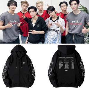 ENHYPEN 북미 콘서트 WalkTheLine 플리스 안감 지퍼업 후디 재킷 봄 가을 캐주얼 편안한 면 혼방