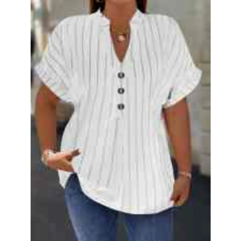 봄 여름 플러스 사이즈 소매 셔츠 브이넥 버튼 배트윙 탑 세로 줄무늬 슬림 핏 여성용 가을 겨울 이너웨어