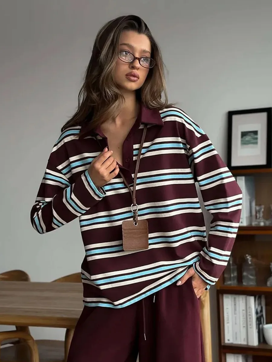 가을 캐주얼 스트라이프 배색 긴팔 티셔츠 여성 버튼 라펠 폴로 셔츠 티셔츠 신상 스트릿웨어 레트로 시크 탑 2025