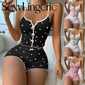 섹시한 여성 잠옷 세트 하트 프린트 실크 스테인 V넥 민소매 캐주얼 캐미 탑과 반바지 세트 홈웨어 라운지웨어