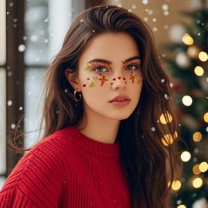 12개 크리스마스 얼굴 타투 스티커 종 모양 리본 하트 별 주근깨 임시 타투 스티커 축제 창의적인 파티 선물