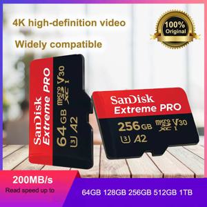 샌디스크 메모리 카드 익스트림 프로 마이크로SD 카드 64GB 128G 256G 512G 1TB C10 A2 U3 V30 4K UHD TF 카드 플래시 카드 카메라 드론용