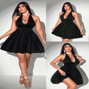 플러스 사이즈 봄/여름 신상 드레스 V넥 섹시 레이스 트리밍 민소매 퍼프 스커트 이브닝 가운 단색