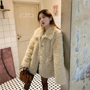 겨울 신상 플러스 사이즈 여성용 두꺼운 양털 자켓 부드러운 플러시 루즈핏 아우터 한국 스타일 긴팔 폴로 칼라 코트