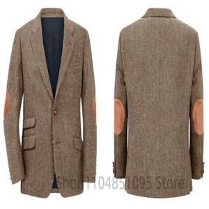남성용 브라운 헤링본 트위드 블레이저 싱글 브레스티드 투 버튼 비즈니스 웨딩 프롬 턱시도 재킷 캐주얼 스마트 수트 탑