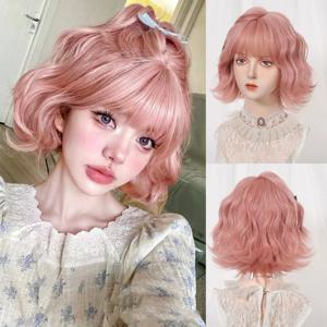 자연스러운 핑크 합성 가발 짧은 곱슬 가발(여성용 앞머리 포함) 자연스러운 머리카락 일상 코스프레 로리타 내열성 섬유