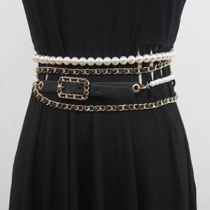 여성 활주로 패션 pu 가죽 체인 진주 Cummerbunds 여성 드레스 코트 코르셋 허리띠 벨트 장식 벨트 R3554