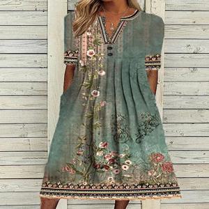 패션 우아한 캐주얼 드레스 여자 짧은 소매 느슨한 드레스 여자 기질 휴일 인쇄 드레스