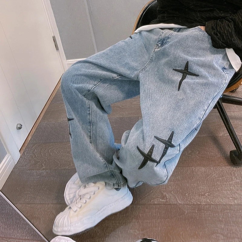 프린트 청바지 남성 2023 새로운 streetwear 헐렁한 넓은 다리 청바지 한국 패션 커튼 스트레이트 캐주얼 루즈 데님 카고 바지