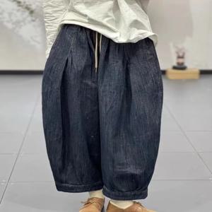 플러스 사이즈 여성용 빈티지 하이웨이스트 드로스트링 루즈핏 데님 팬츠 슬리밍 와이드 레그 하렘 팬츠 봄 패션