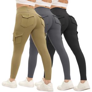 여성용 단색 체육관 레깅스, 하이 웨이스트 피트니스 요가 바지, 실용적인 포켓 스트레치, 야외 스포츠 카고 스타일 바지