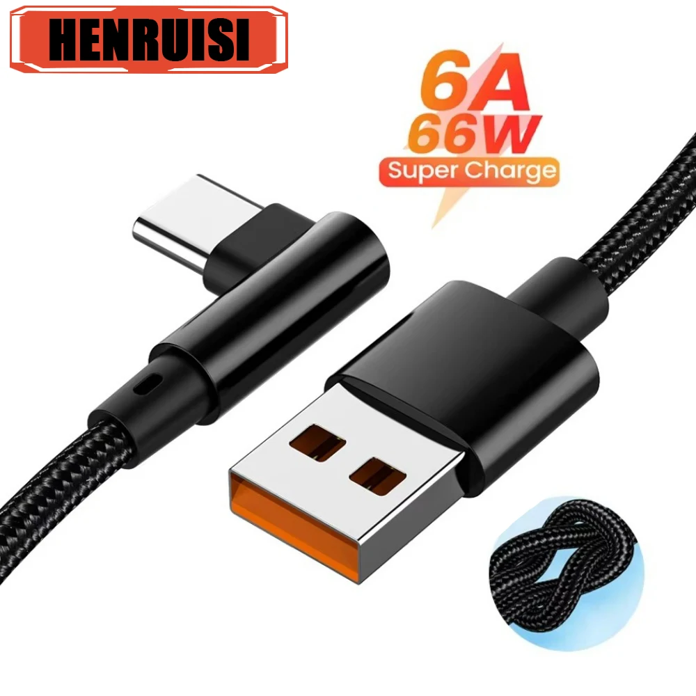 6A 66W 엘보우 고속 충전 케이블 USB 타입 C 케이블 화웨이 메이트 60 노바 아너 샤오미 레드미 포코 비보 USB C 충전기 데이터 케이블