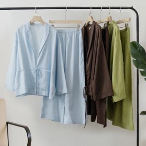 2025 여름 여성 린넨 기모노 블라우스 바지 세트