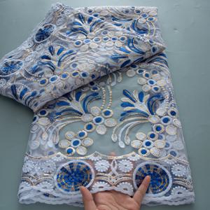 블루 아프리칸 레이스 원단 2025 고품질 메쉬 튤 레이스 원단 스팽글 프랑스 럭셔리 신부 드레스 자수 5야드 네트 소재