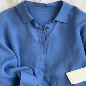 블루 린넨 셔츠 여성 여름 얇은 루즈핏 긴팔 자외선 차단 면 린넨 탑 한국 스타일 캐주얼웨어 솔리드 컬러 폴로 칼라