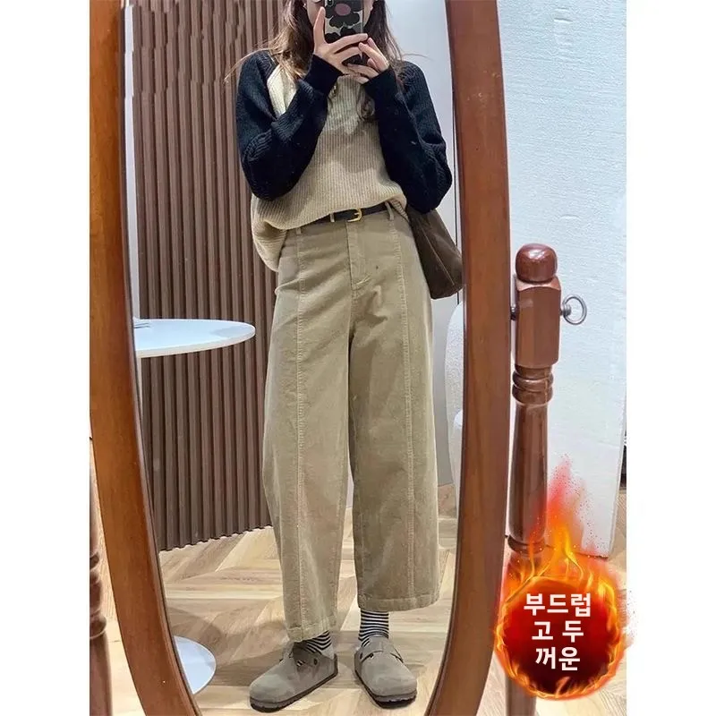 플러스 사이즈 여성용 겨울 플리스 안감 빈티지 하란 팬츠 코듀로이 테이퍼드 캐주얼 9부 하이웨이스트 코튼 스트레이트 레그