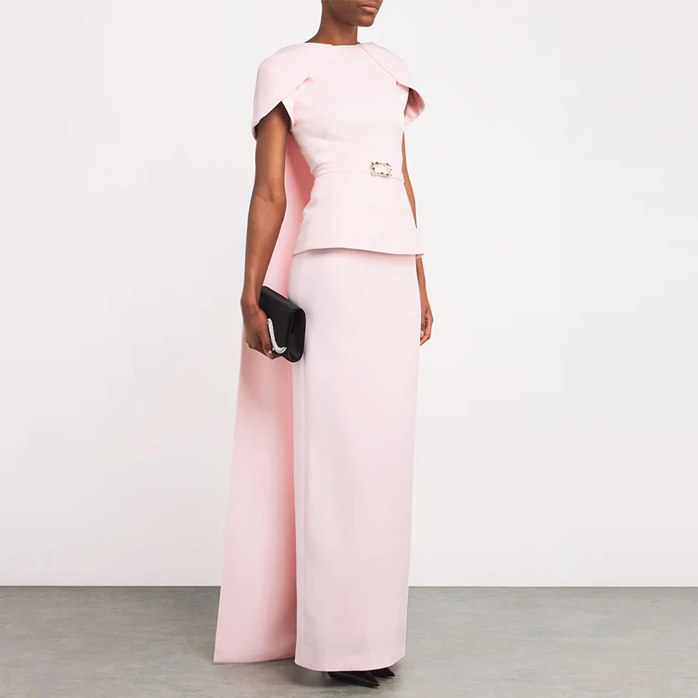 핑크 여성 이브닝 가운 칼집 공식 파티 드레스 반팔 사우디 드레스 바닥 길이 구슬 장식 댄스 파티 드레스와 목도리