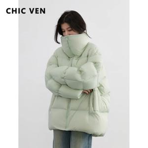 CHIC VEN 패션 여성 다운 코트 솔리드 80 화이트 덕 다운 재킷 블랙 브레드 코트 따뜻한 여성 오버코트 가을 겨울 2025