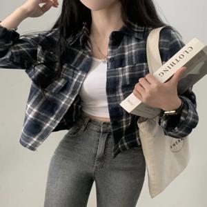 체크무늬 긴팔 셔츠 여성용 짧은 스타일 이너웨어 탑 독특하고 아름다운 여성용 봄 2026 신상품 스트레이트 컷 셔츠