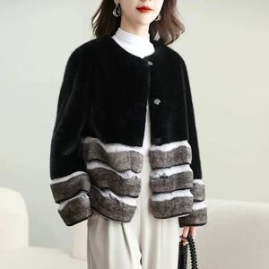 친환경 여성용 짧은 퍼 코트 2025 겨울 신상 밍크&친칠라 패치워크 유행 골드 밍크 벨벳 재킷