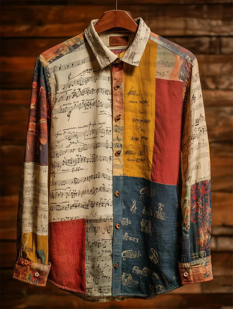 신상 남성용 3D 아트 프린트 셔츠 캐주얼 빈티지 린넨 스타일 긴팔 라펠 칼라 탑 패션 베이지 탑