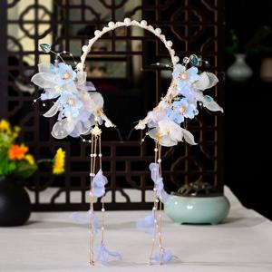 고대 중국 스타일 한푸 헤어 밴드 꽃 장식과 태슬 우아한 머리 장식 여성 결혼식 생일 파티 장식