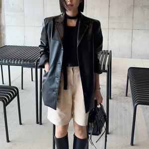 여성용 시크 레트로 스타일 루즈핏 PU 가죽 재킷 패셔너블한 출퇴근용 다용도 탑 긴팔 슈트 칼라 아우터웨어