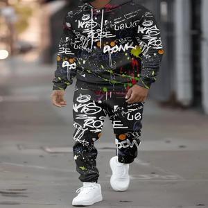 2025년 봄과 가을을 위한 새로운 남성용 후드티 세트는 캐주얼하고 패셔너블하며 편안한 3D 그래피티 패턴 프린트를 특징으로 합니다.