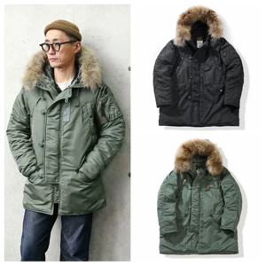두꺼운 남성용 파카 코트 빈티지 N3B 방한 코튼 의류 밍크 칼라 롱 기장 캐주얼 스타일 폴리에스터 섬유