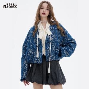 ELFSACK 여성용 레트로 고딕 겨울 코트 2025, 루즈핏 V넥 숏 플러시 코트 블루 실버 자수 빈티지 패턴