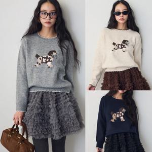 귀여운 만화 니트 스웨터와 퍼프 미니스커트 투피스 세트, 라운드넥 긴팔 중간 두께 폴리에스터 면 혼방