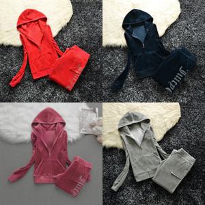 여성용 겨울 벨벳 트랙수트, 쥬시 트랙수트, 헤비 듀티 플리스 안감 후드티와 바지 세트 |   단색 따뜻한 조거 세트