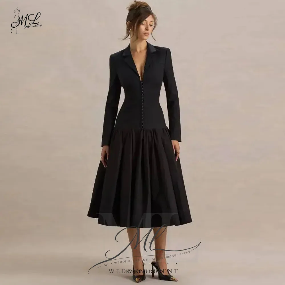 여성용 블랙 파티 드레스, 수트 재킷 드레스, 노치 라펠, 긴 소매, 티-길이, 프롬 가운, 맞춤형 오피스룩