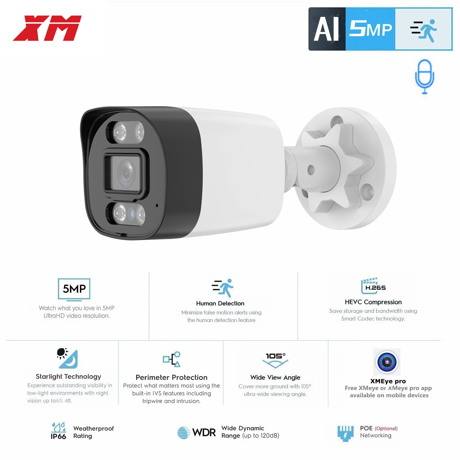 XM 5Mp AI Ip 카메라 Poe Cctv 보안 카메라 H.265+ Nvr 시스템 Xmeyepro용 실외 방수 오디오 비디오 감시