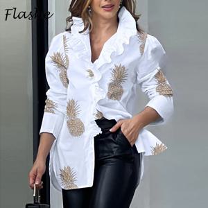 우아한 여성 긴 소매 블라우스 2023 V 넥 프릴 디자인 프린트 셔츠 여성용 패션 봄 가을 풀오버 탑