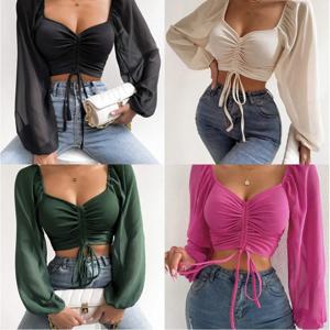 여성 봄 가을 롱 퍼프 소매 탑 티셔츠 루즈 쉬폰 니트 딥 V넥 티셔츠 패션 솔리드 캐주얼 셔링 티셔츠